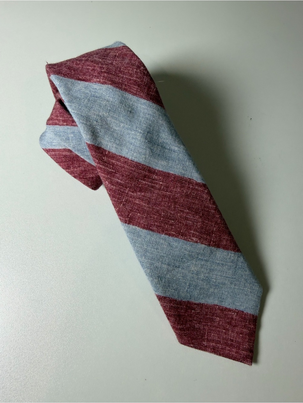 J. Crew Hand Made 100% Linen Slim Diagonal Stripe Tie in Burgundy and Light Blue